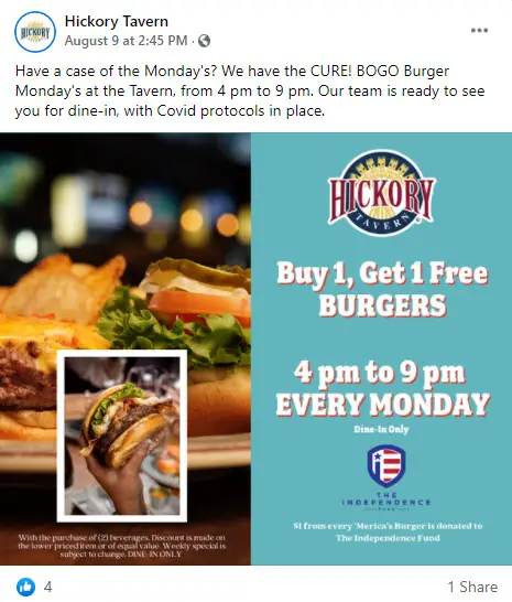 Hickory Tavern Buy One Get One Free Burgers Monday deal