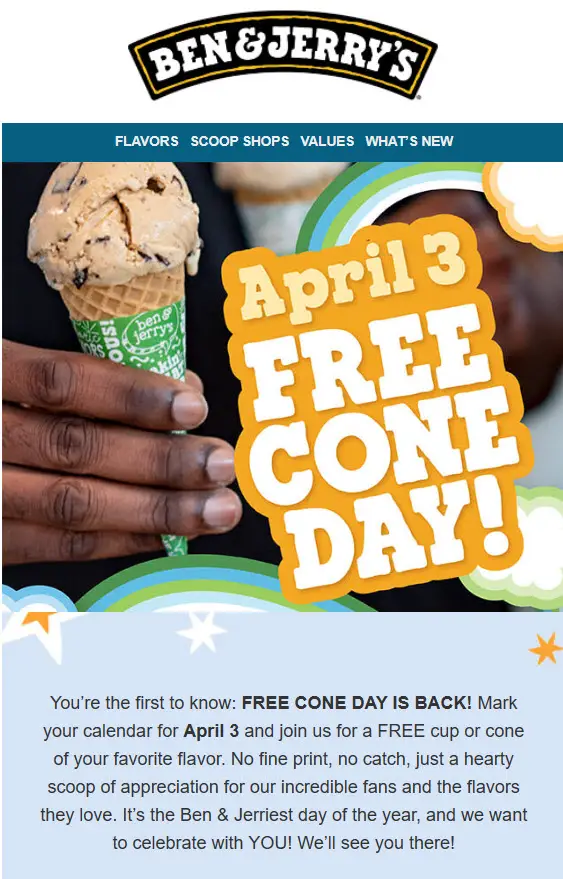 Ben & Jerry's Specials: Free Cone Day April 16 - EatDrinkDeals