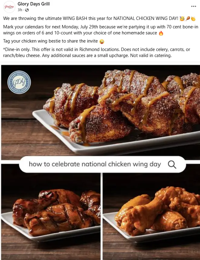 Glory Days Grill Wing Day deal