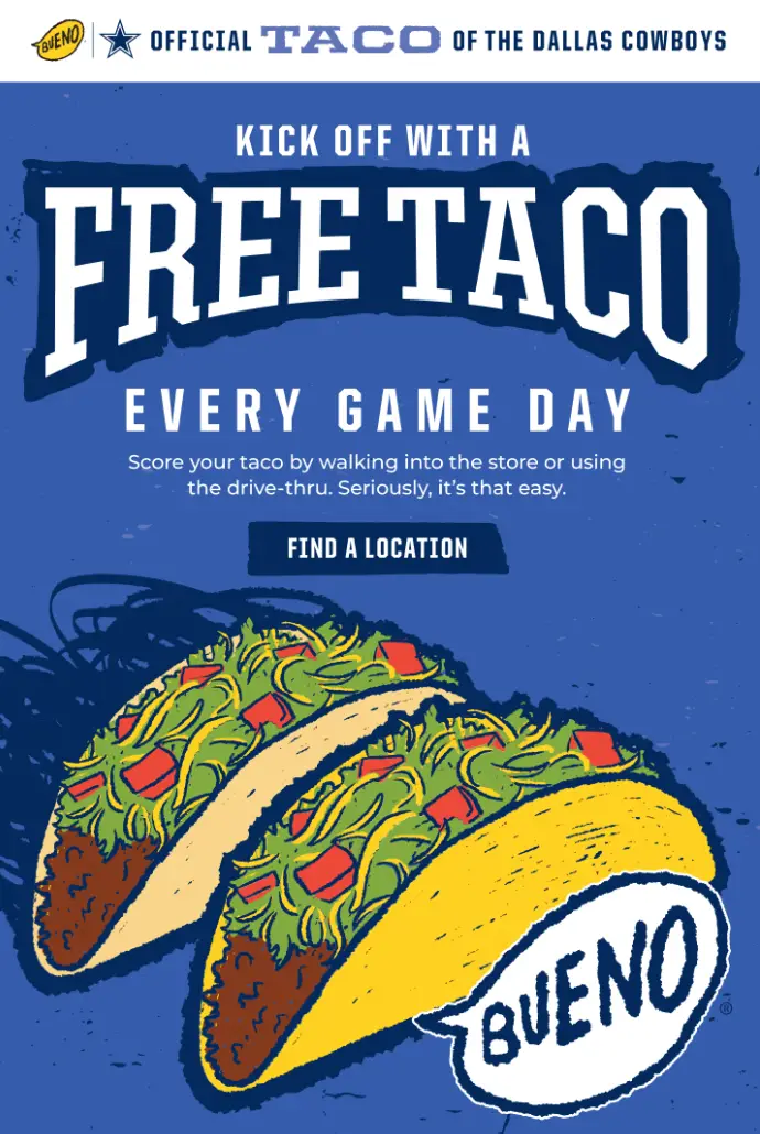 Taco Bueno Free Taco for Dallas Cowboys gamedays