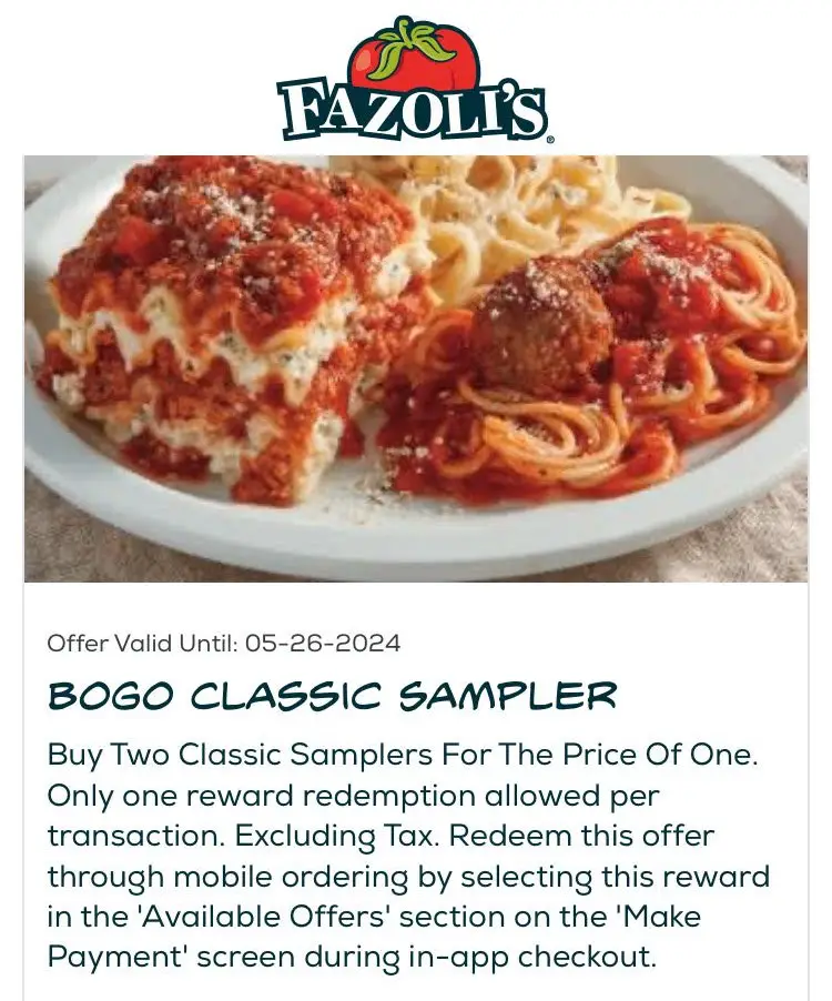 Fazoli’s Deals And Coupons BOGO Samplers