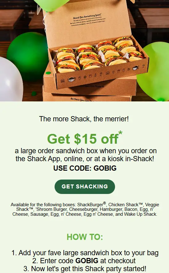 Shake Shack $15 off promo code