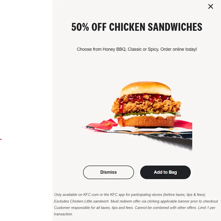 KFC 50% off chicken sandwich deal