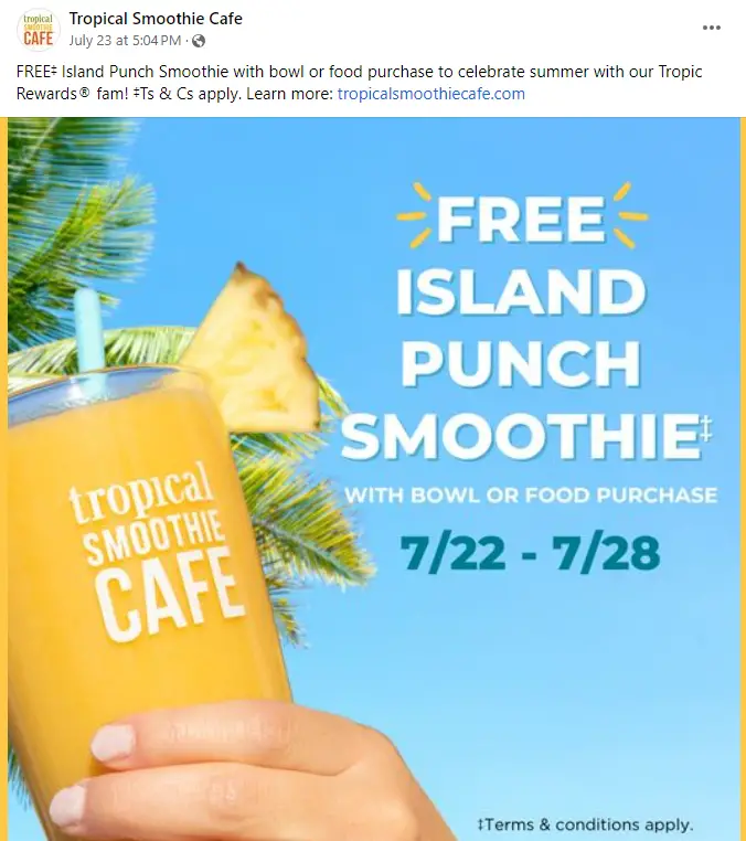 Tropical Smoothie Cafe free smoothie