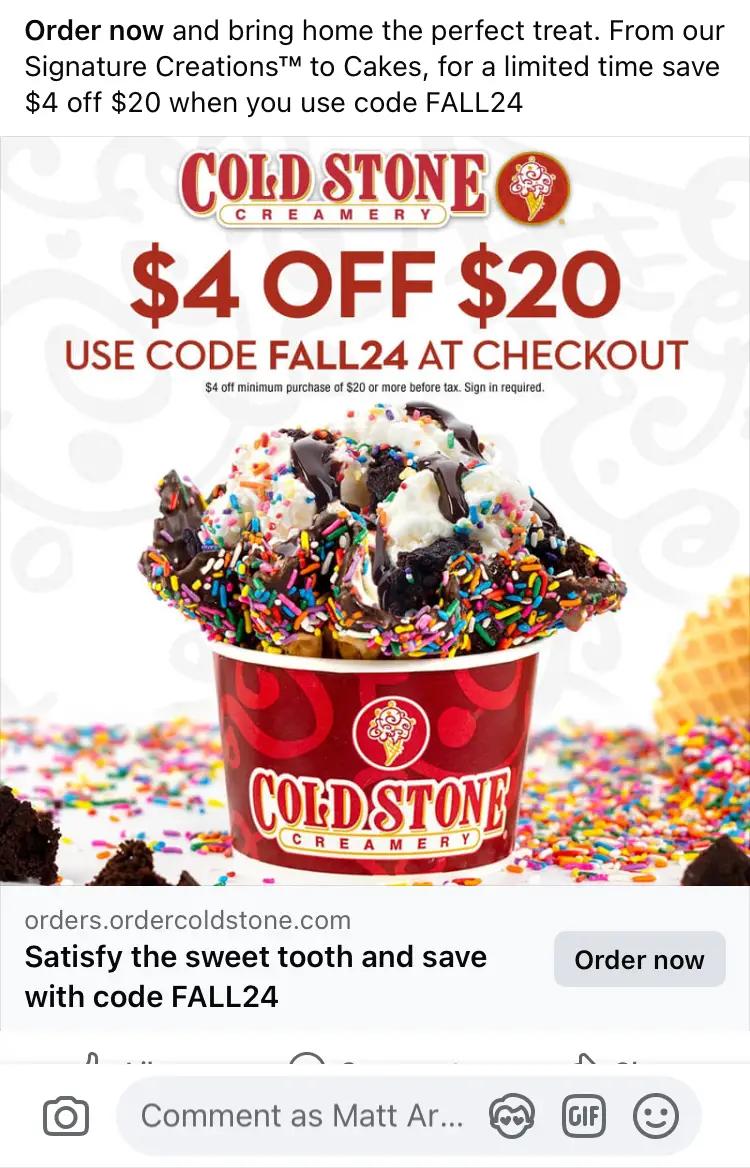 Cold Stone $4 off promo code