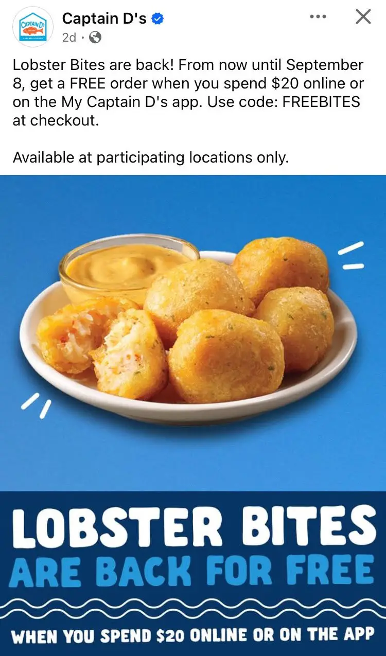 Captain D's Promo Code free Lobster Bites