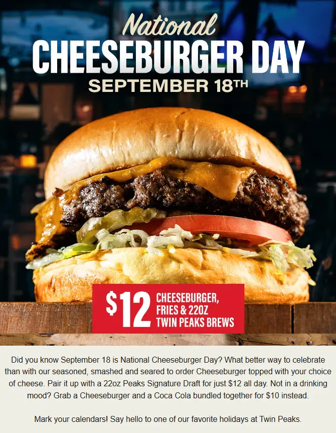 Twin Peaks Cheeseburger Day deal