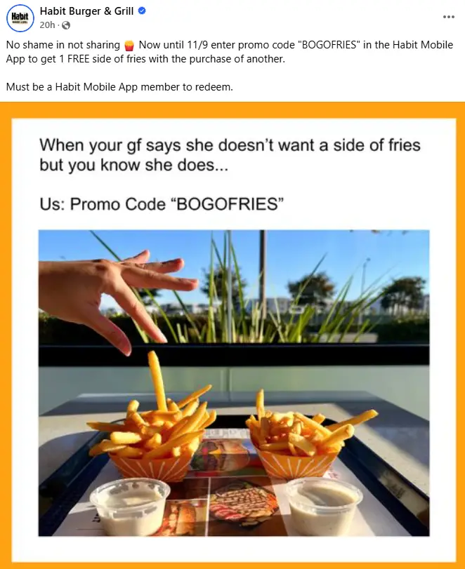 Habit Burger Grill promo code free fries