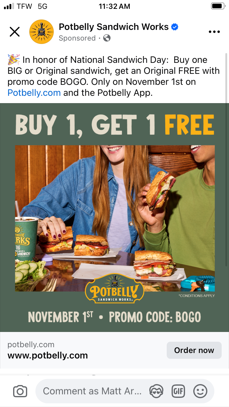 Potbelly BOGO Sandwiches Promo Code