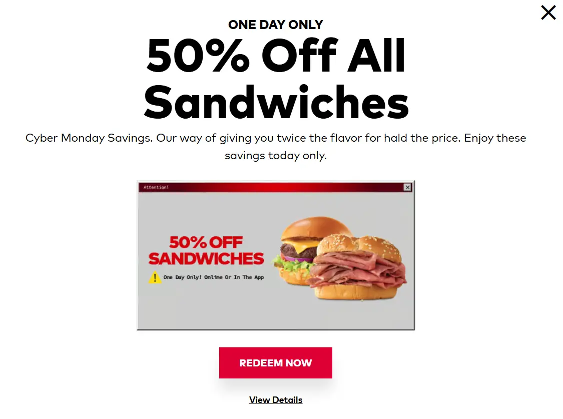 Arby's 50% off sandwich coupon