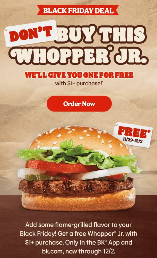 Burger King free Whopper Jr deal