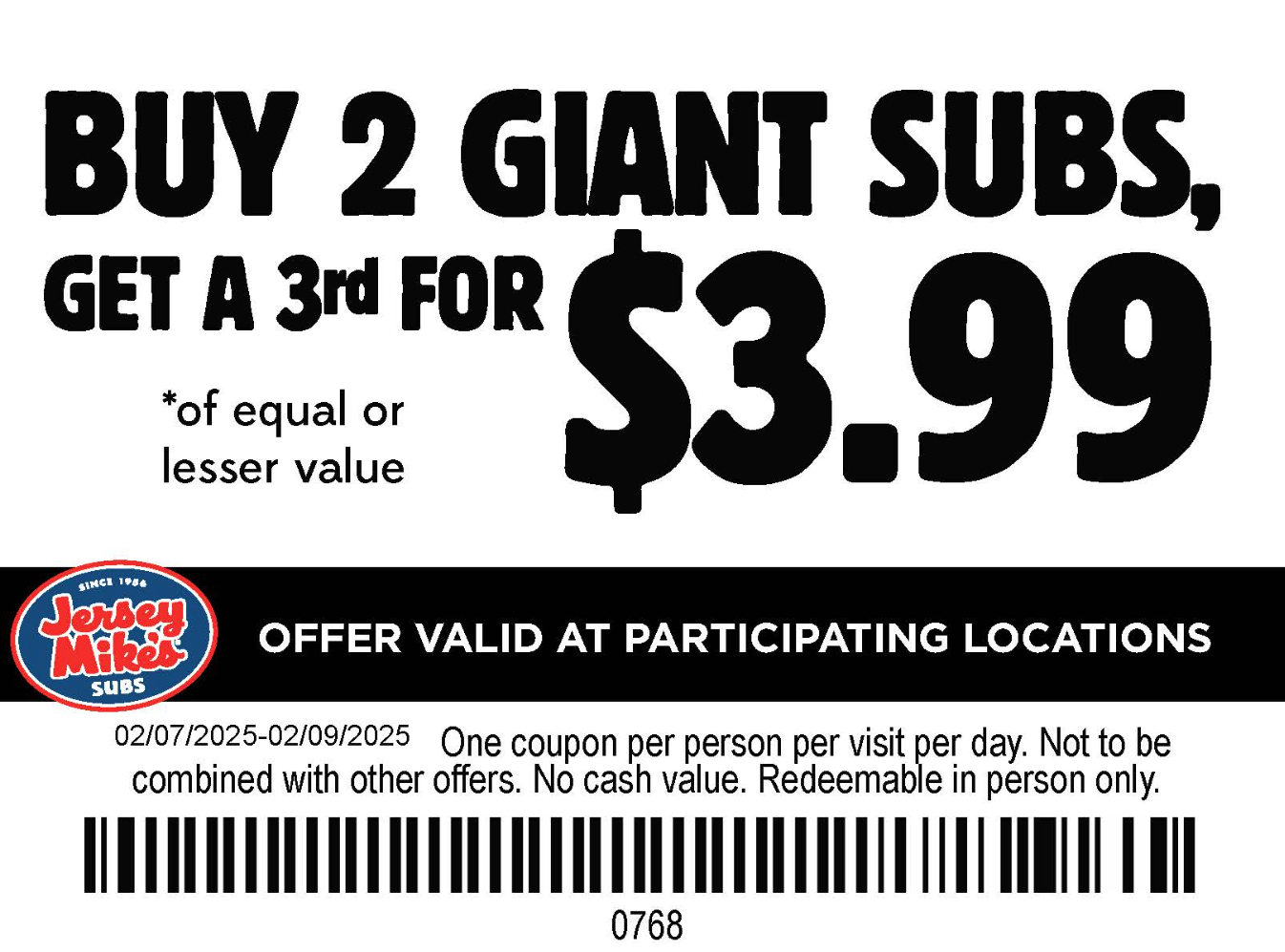 Jersey Mike's $3.99 Giant Sub coupon