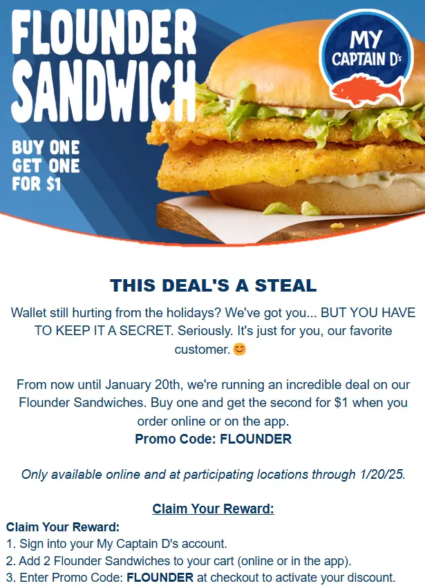 Captain D's $1 Flounder Sandwich promo code