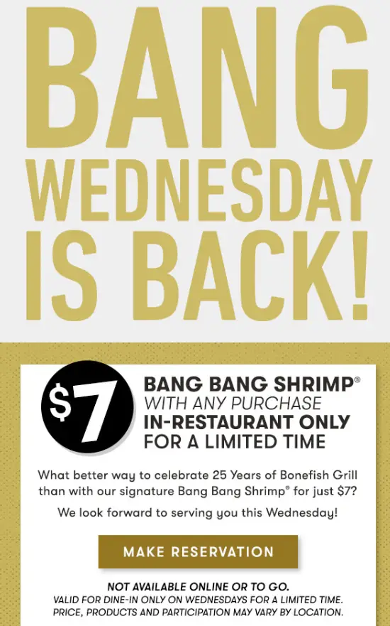 Bonefish Grill $7 Bang Bang Shrimp Wednesday