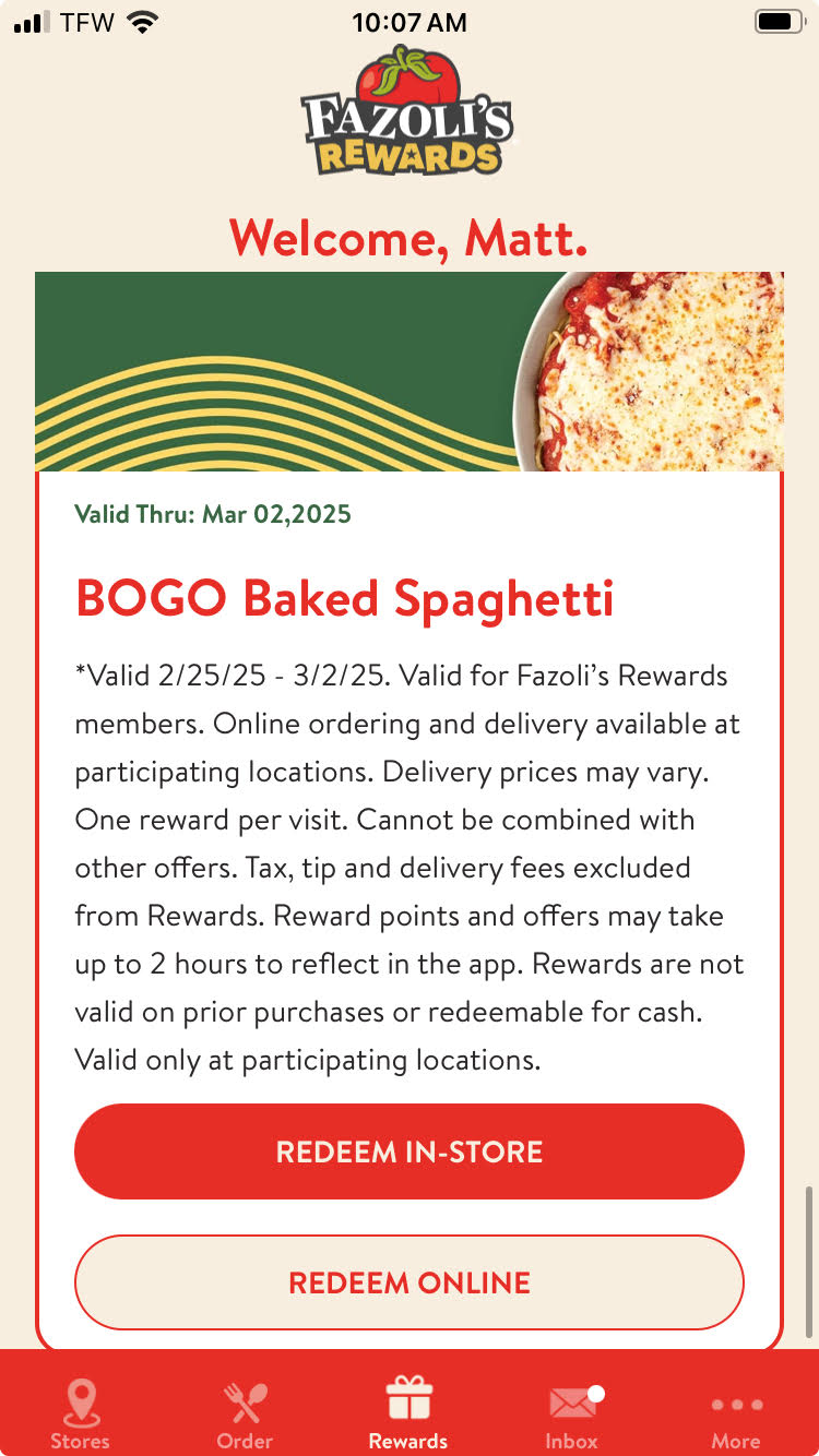 Fazoli's free pasta coupon